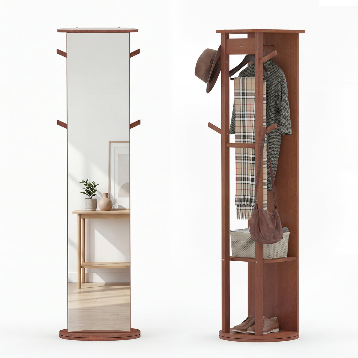 Full Length Mirror Coat Rack Solid Wood Standing Mirror with Clothes Hangers