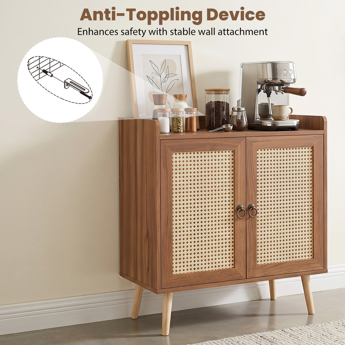 Giantex Sideboard Buffet Cabinet, Rattan Coffee Bar Cabinet with 2 Doors