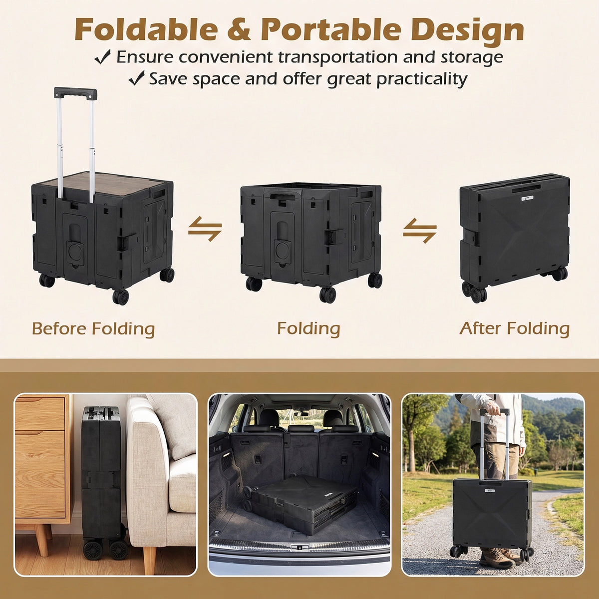 Foldable Utility Cart on 4 Rotate Wheels with Telescoping Handle