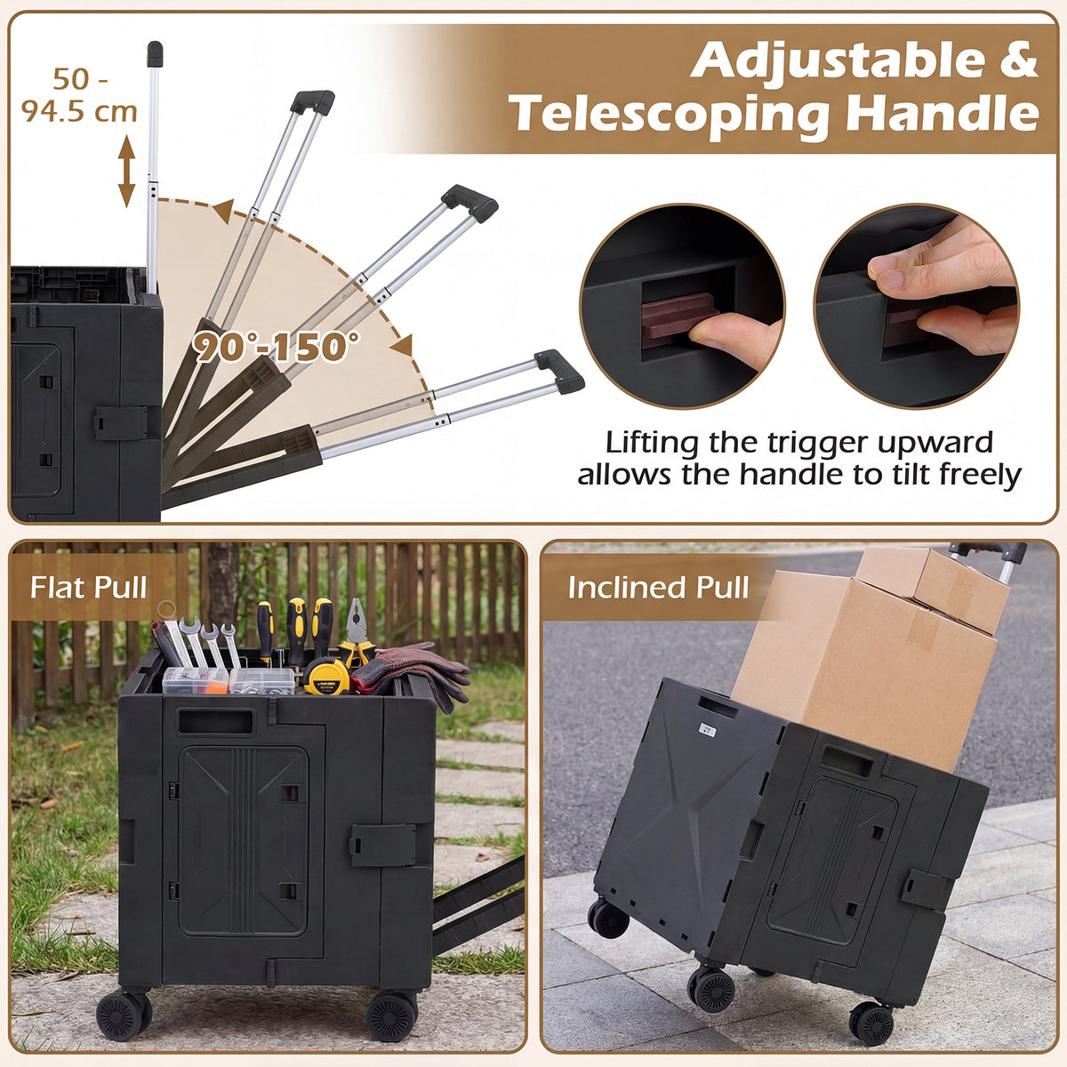 Foldable Utility Cart on 4 Rotate Wheels with Telescoping Handle