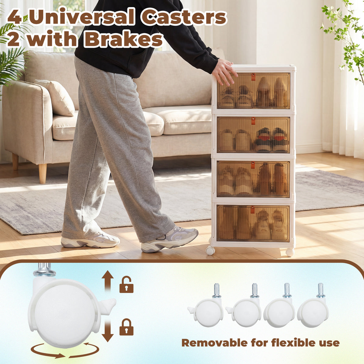 4-Tier Stackable Plastic Storage Bins with Lid and Lockable Wheels