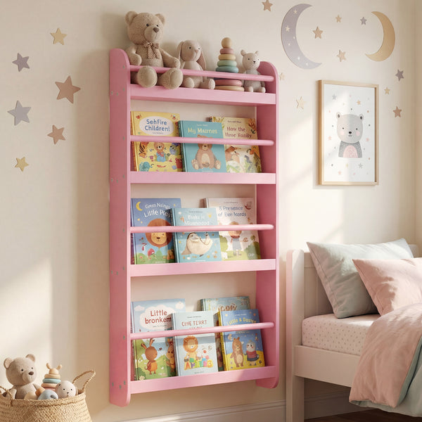 Kids Bookshelf, 4-Tier Wall Mounted Bookshelf for Toys & Books
