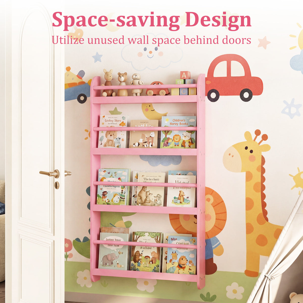 Kids Bookshelf, 4-Tier Wall Mounted Bookshelf for Toys & Books