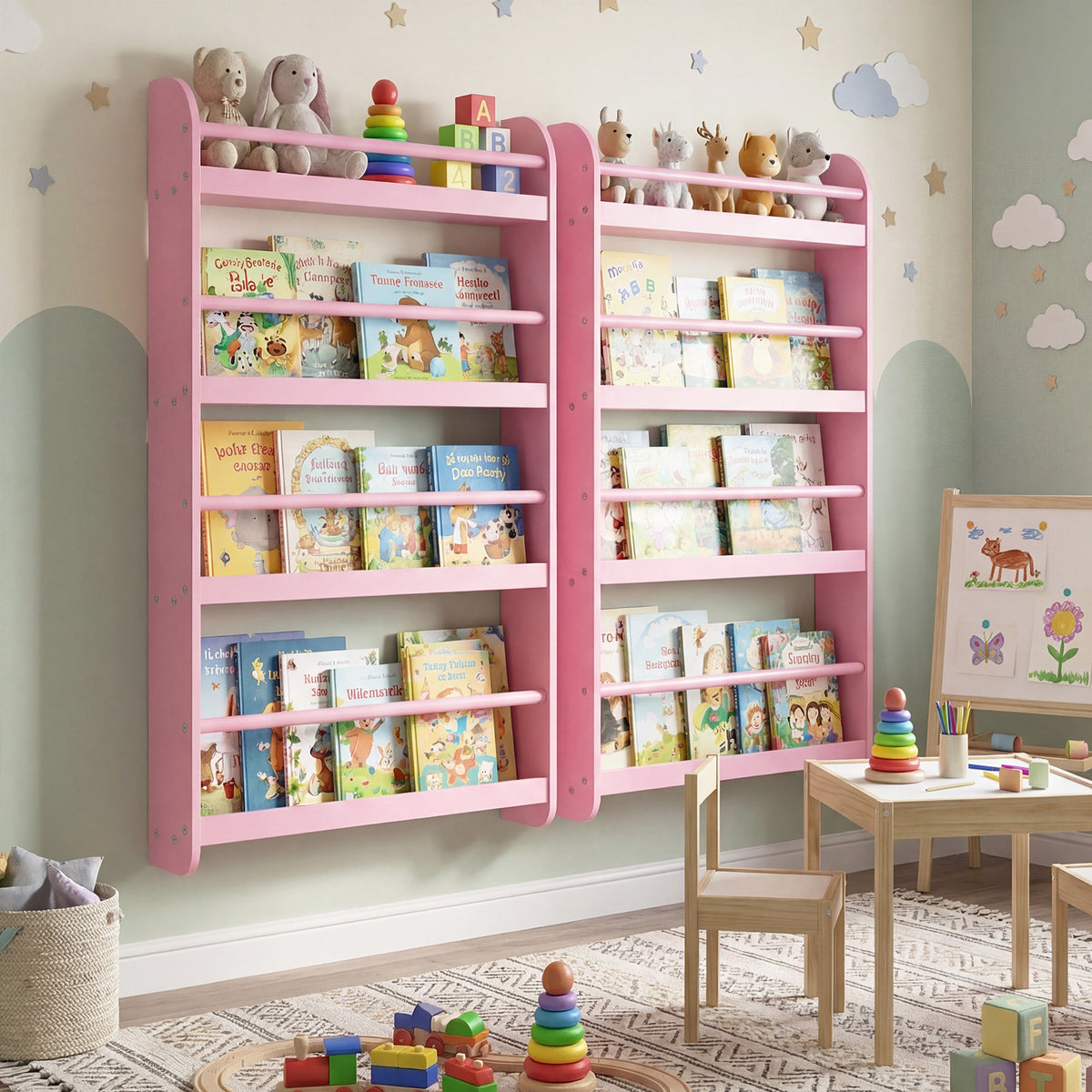 Kids Bookshelf, 4-Tier Wall Mounted Bookshelf for Toys & Books