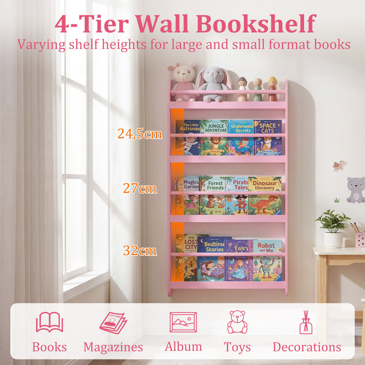 Kids Bookshelf, 4-Tier Wall Mounted Bookshelf for Toys & Books