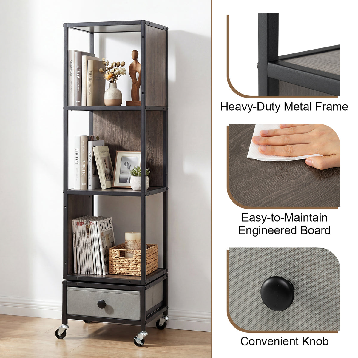 4-Tier Rotating Bookshelf on Wheels, 360° Spinning Corner Book Shelf Tower