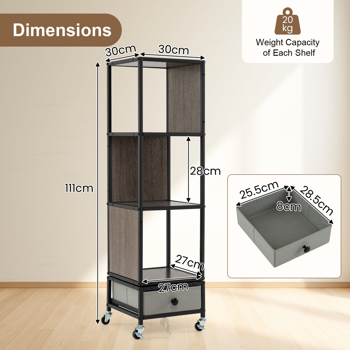 4-Tier Rotating Bookshelf on Wheels, 360° Spinning Corner Book Shelf Tower