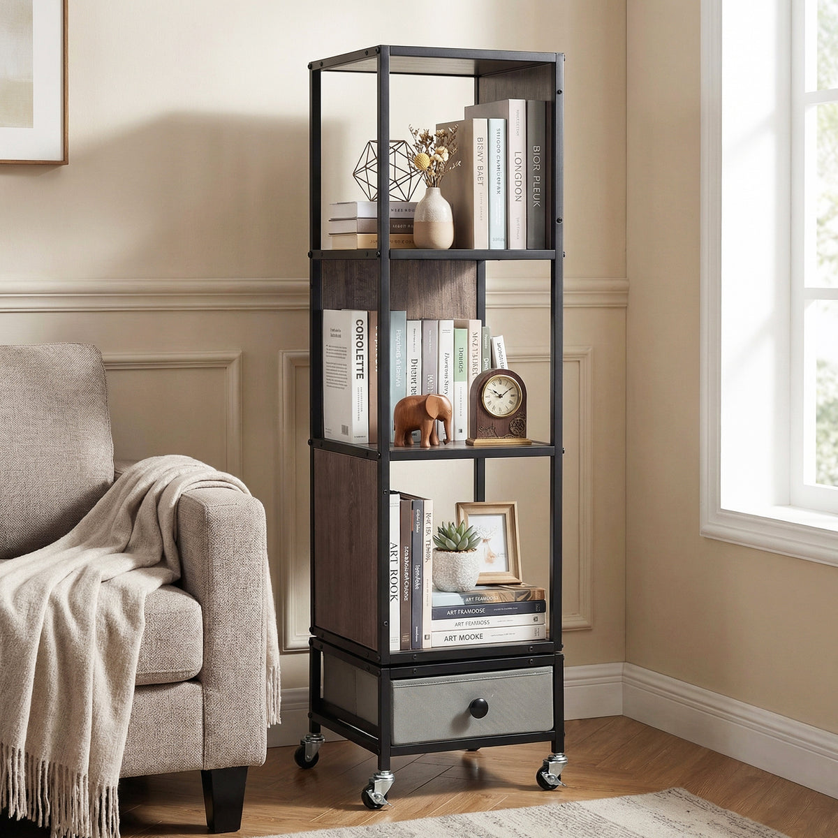 4-Tier Rotating Bookshelf on Wheels, 360° Spinning Corner Book Shelf Tower