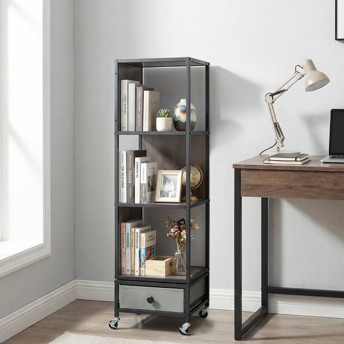 4-Tier Rotating Bookshelf on Wheels, 360° Spinning Corner Book Shelf Tower