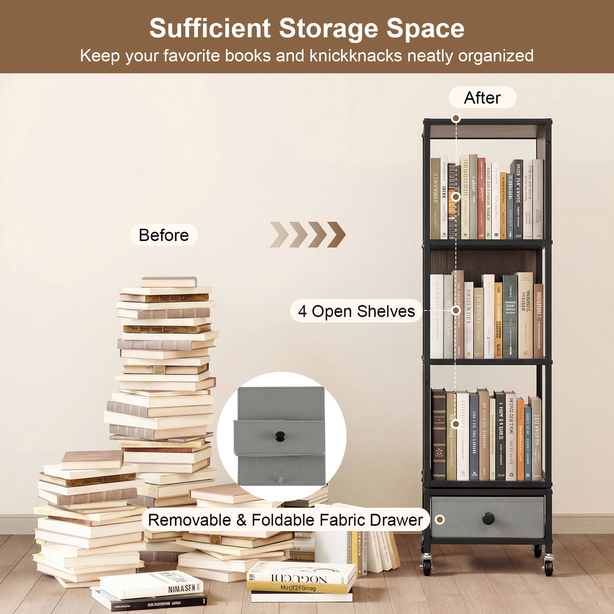 4-Tier Rotating Bookshelf on Wheels, 360° Spinning Corner Book Shelf Tower