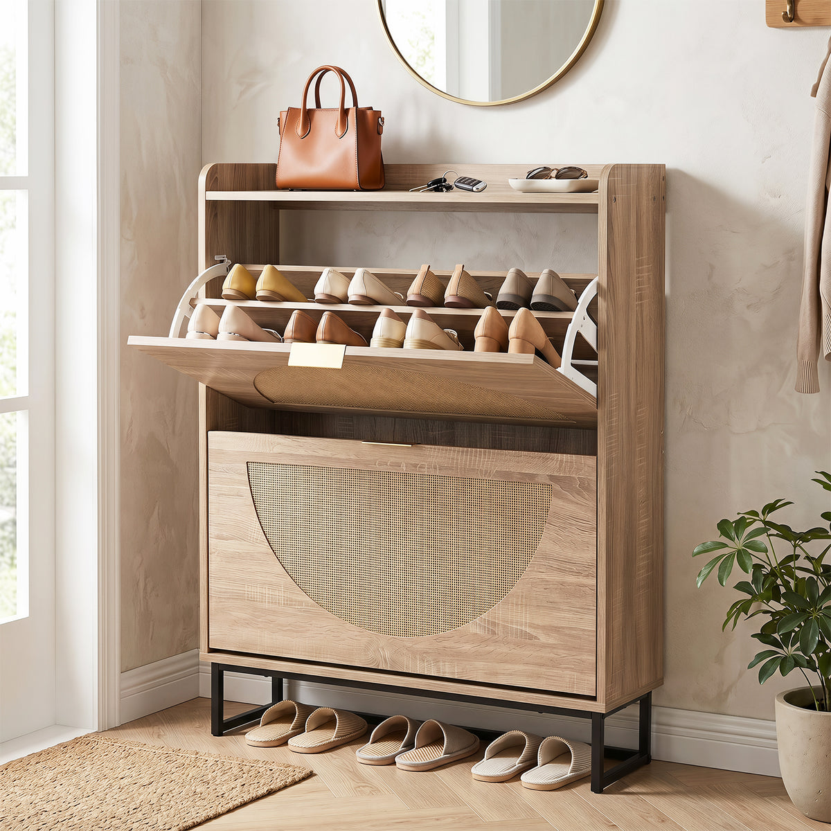 24cm Narrow Shoe Storage Cabinet with 2 Flip Drawers for Entryway