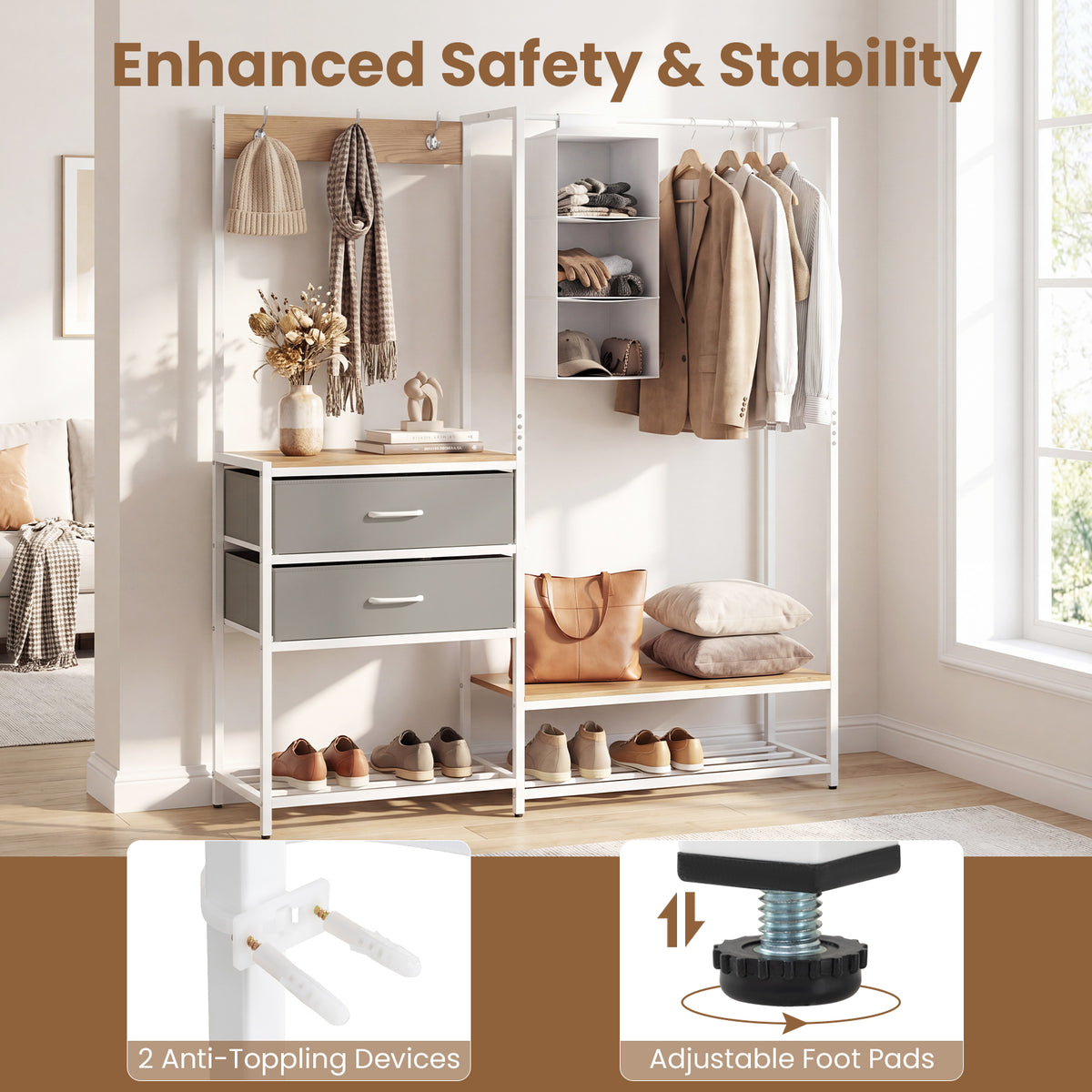 Heavy Duty Garment Rack with Hanging Rod and Cloth Bag for Bedroom