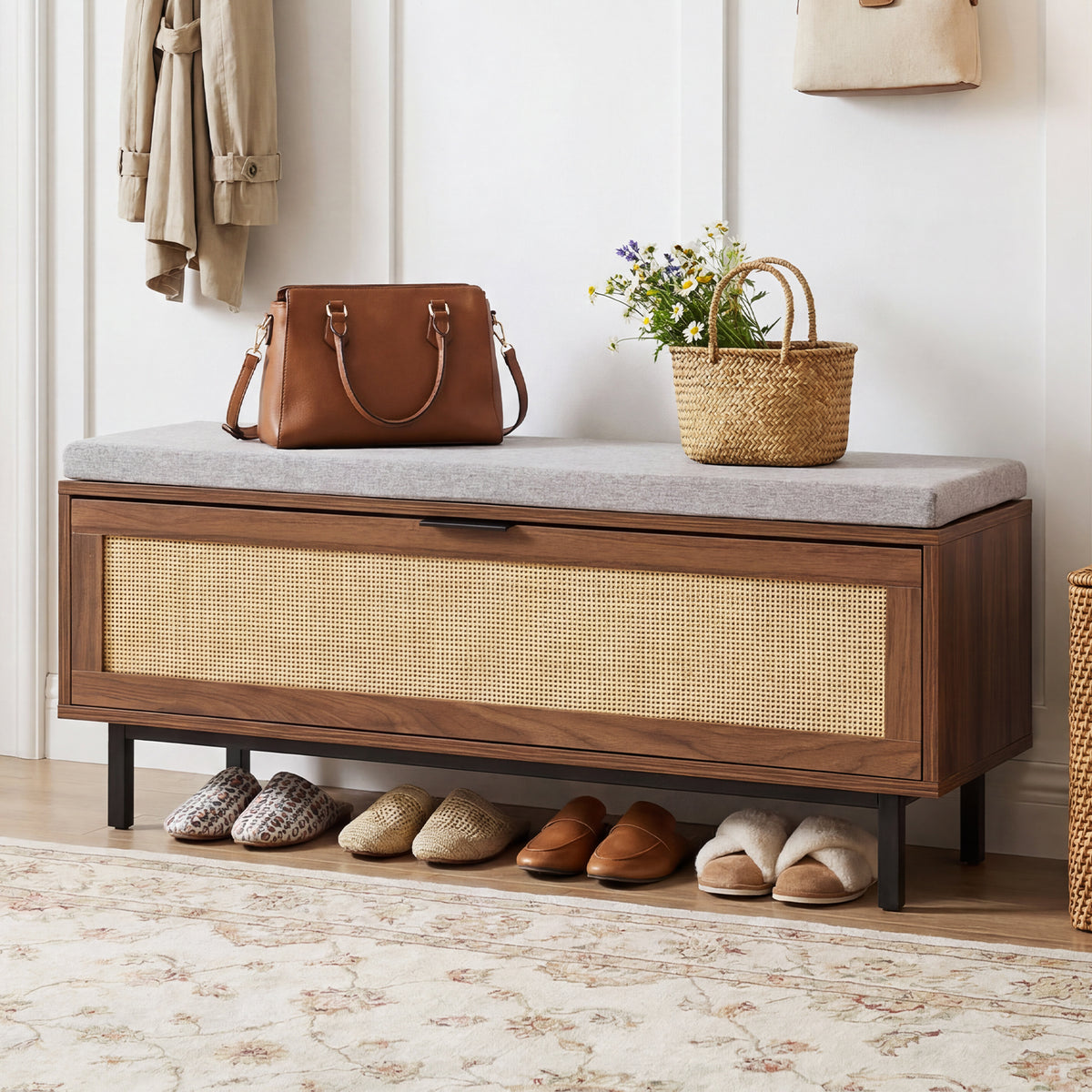 Shoe Storage Bench with Padded Cushion for Hallway Bedroom
