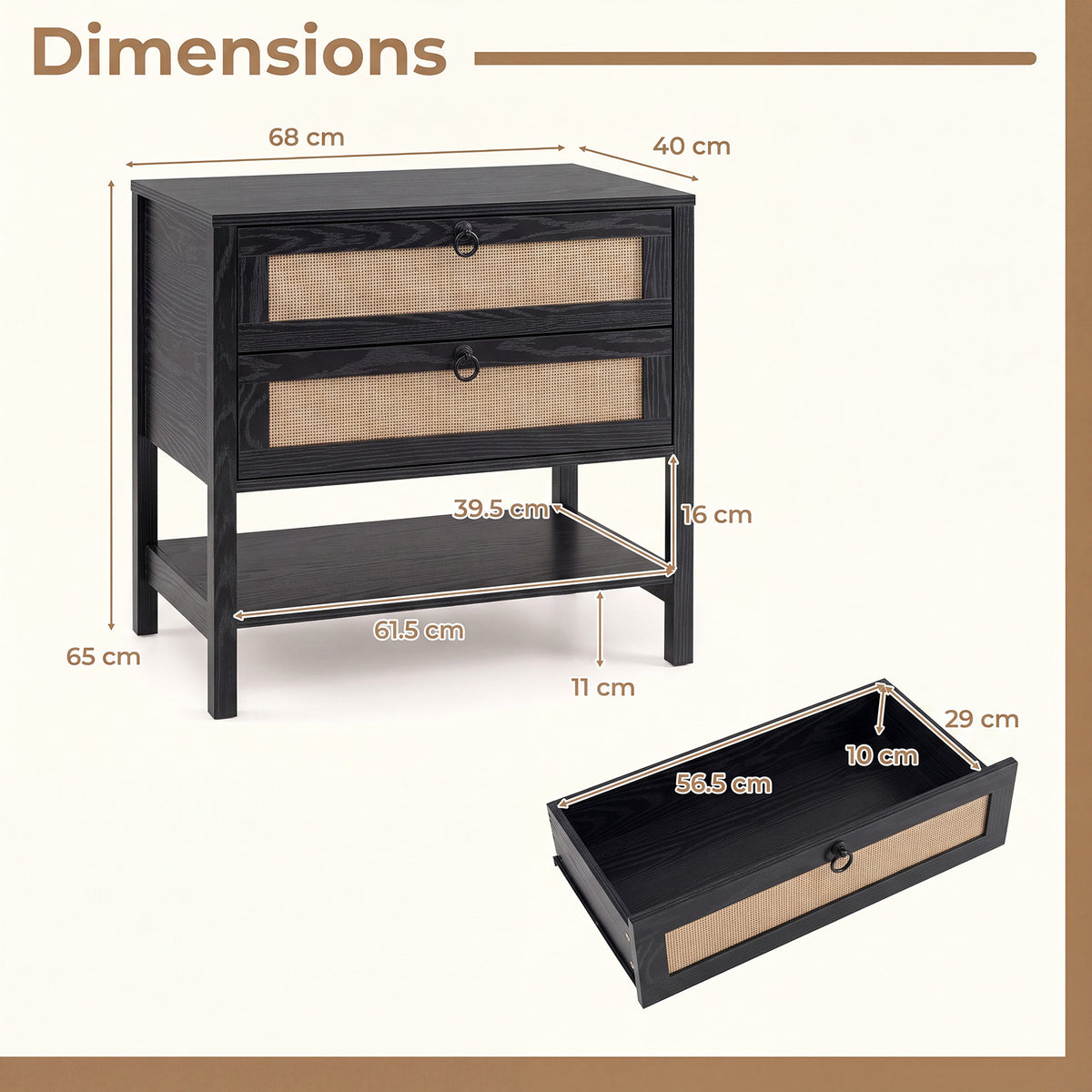 Set of 2 68 cm Rattan Nightstand with Open Storage Shelf for Living Room Bedroom