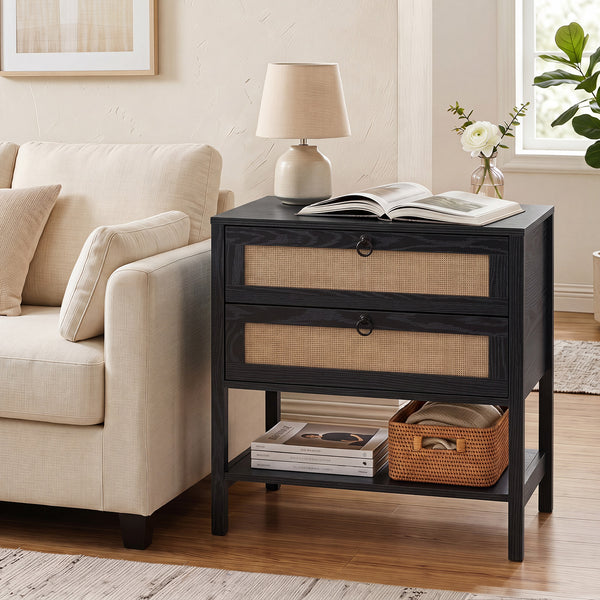 68 cm Rattan Nightstand with Open Storage Shelf for Living Room Bedroom