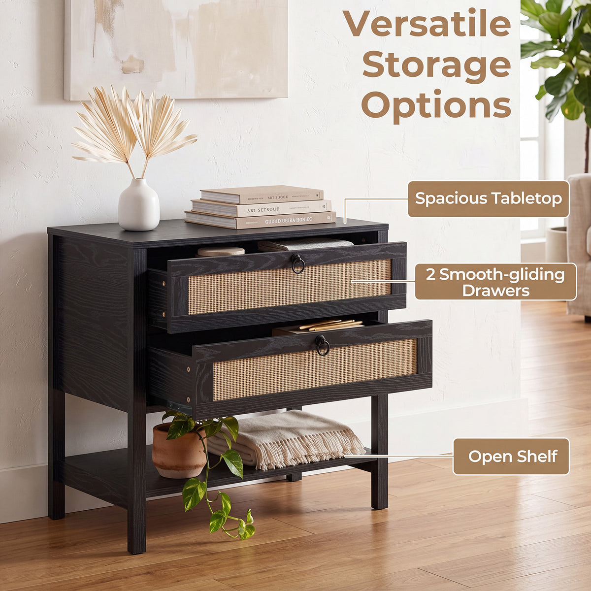 Set of 2 68 cm Rattan Nightstand with Open Storage Shelf for Living Room Bedroom