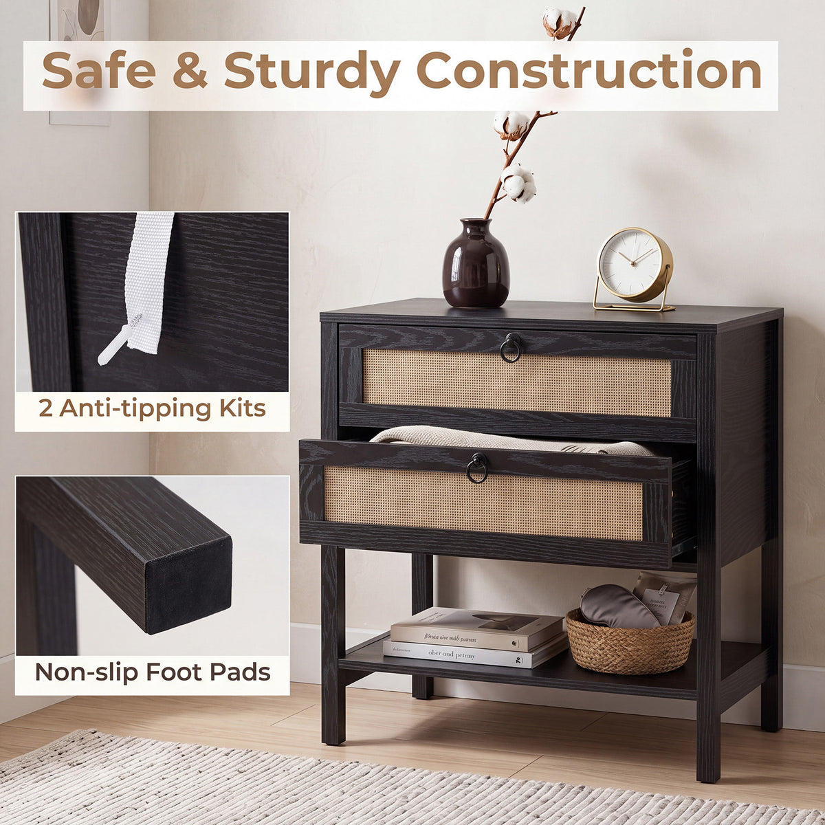 Set of 2 68 cm Rattan Nightstand with Open Storage Shelf for Living Room Bedroom