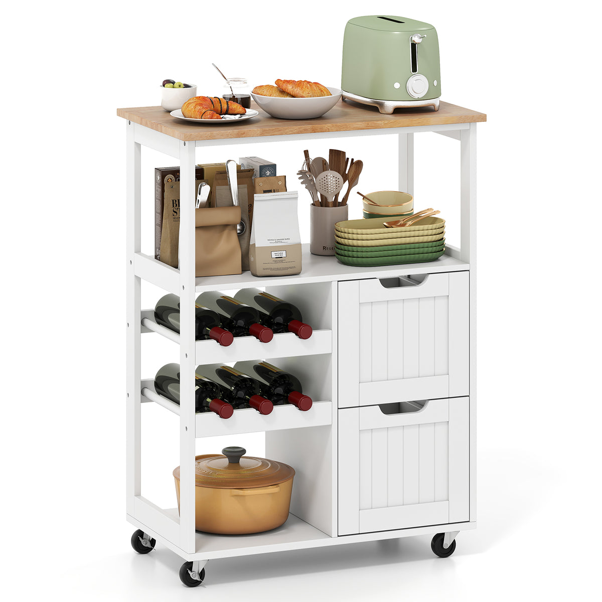 Giantex Rolling Kitchen Island Cart, Solid Rubber Wood Top Serving Trolley with 2-Tier Wine Rack