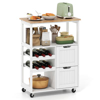 Giantex Rolling Kitchen Island Cart, Solid Rubber Wood Top Serving Trolley with 2-Tier Wine Rack