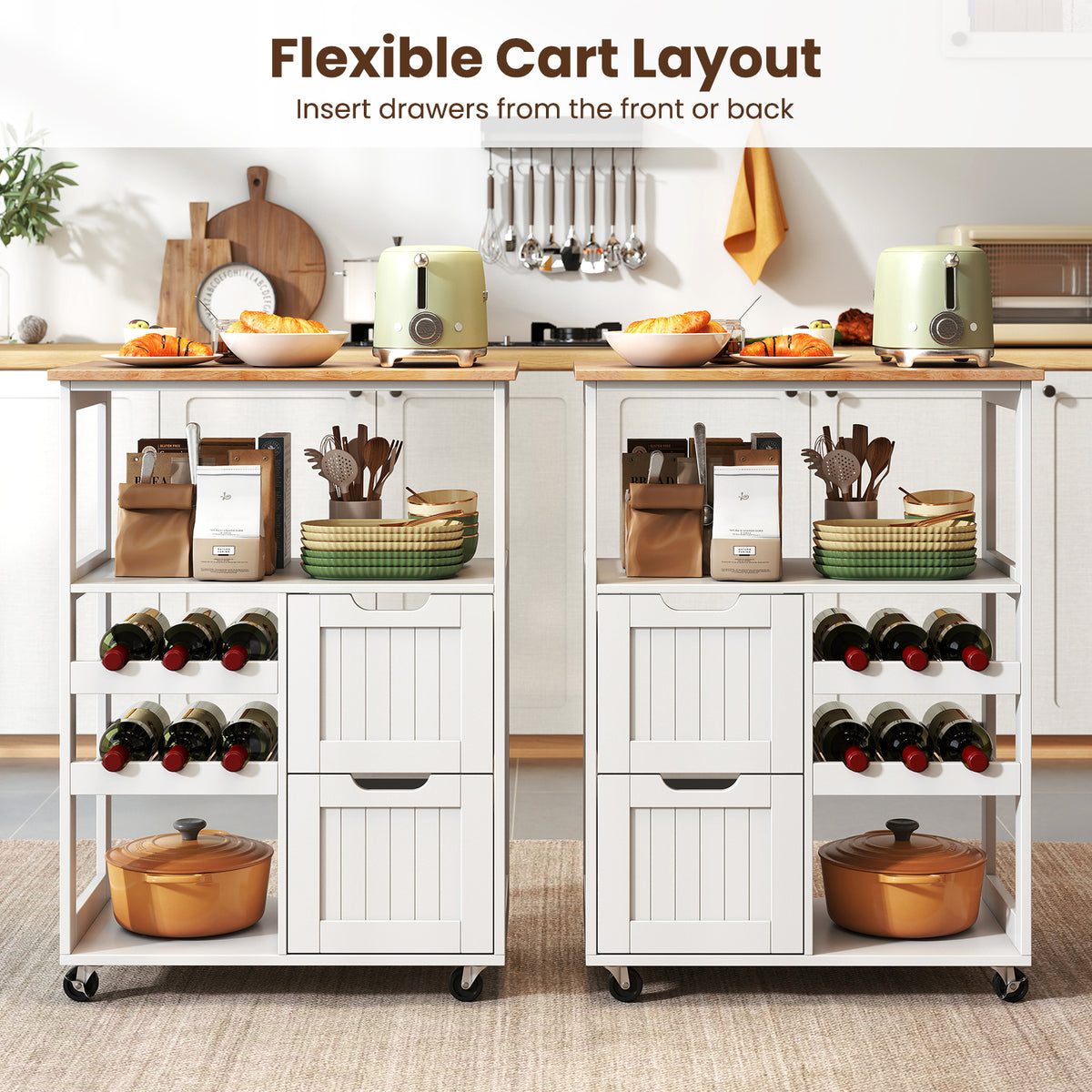 Giantex Rolling Kitchen Island Cart, Solid Rubber Wood Top Serving Trolley with 2-Tier Wine Rack