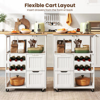 Giantex Rolling Kitchen Island Cart, Solid Rubber Wood Top Serving Trolley with 2-Tier Wine Rack