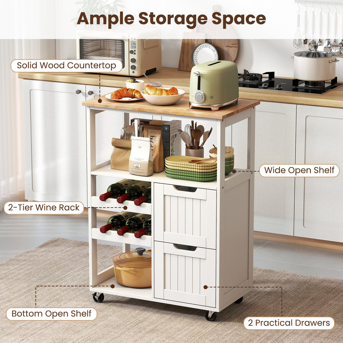 Giantex Rolling Kitchen Island Cart, Solid Rubber Wood Top Serving Trolley with 2-Tier Wine Rack