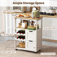 Giantex Rolling Kitchen Island Cart, Solid Rubber Wood Top Serving Trolley with 2-Tier Wine Rack