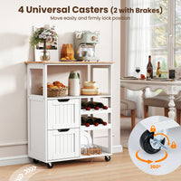 Giantex Rolling Kitchen Island Cart, Solid Rubber Wood Top Serving Trolley with 2-Tier Wine Rack