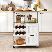 Giantex Rolling Kitchen Island Cart, Solid Rubber Wood Top Serving Trolley with 2-Tier Wine Rack
