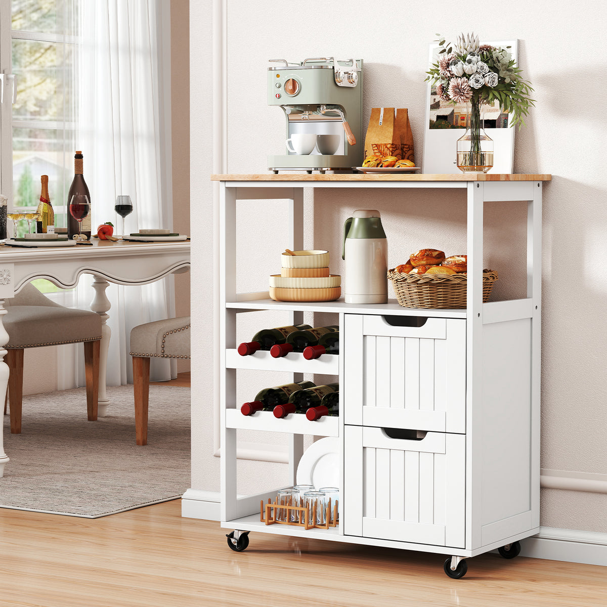 Giantex Rolling Kitchen Island Cart, Solid Rubber Wood Top Serving Trolley with 2-Tier Wine Rack