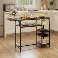 Counter Height Bar Table with RGB LED Lights, Rectangular Pub Table with Foldable Top, Storage Shelves