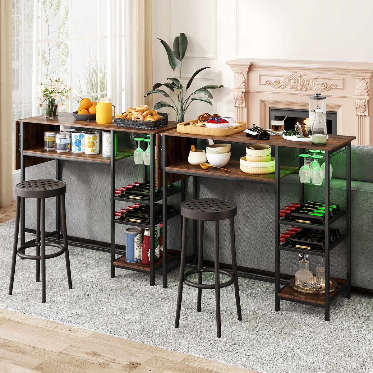 Counter Height Bar Table with RGB LED Lights, Rectangular Pub Table with Foldable Top, Storage Shelves