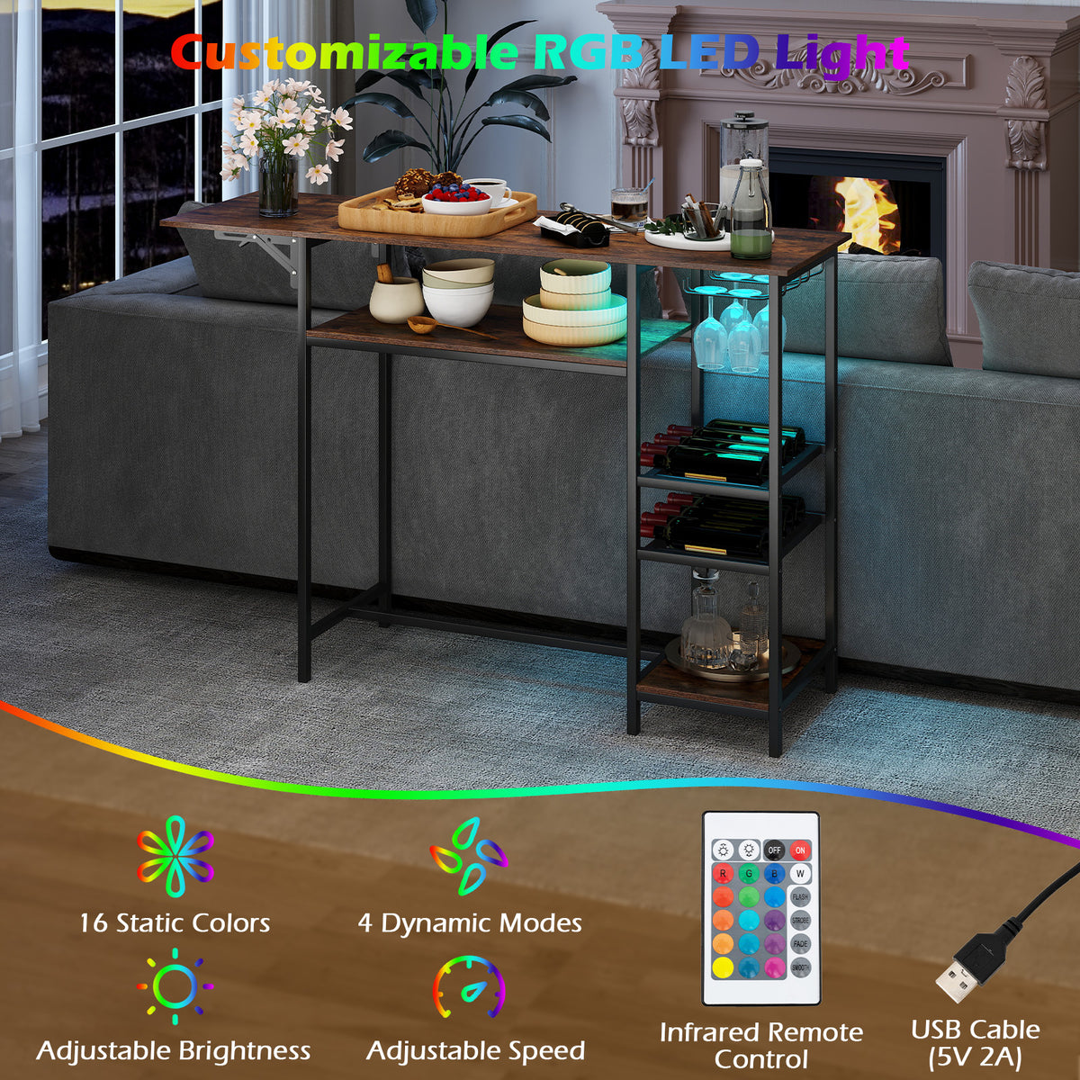 Counter Height Bar Table with RGB LED Lights, Rectangular Pub Table with Foldable Top, Storage Shelves