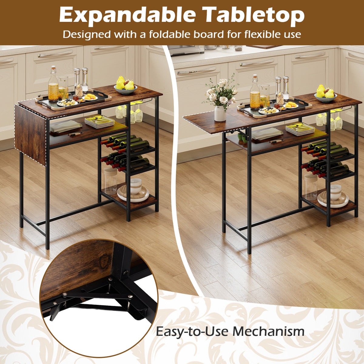 Counter Height Bar Table with RGB LED Lights, Rectangular Pub Table with Foldable Top, Storage Shelves