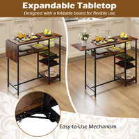 Counter Height Bar Table with RGB LED Lights, Rectangular Pub Table with Foldable Top, Storage Shelves
