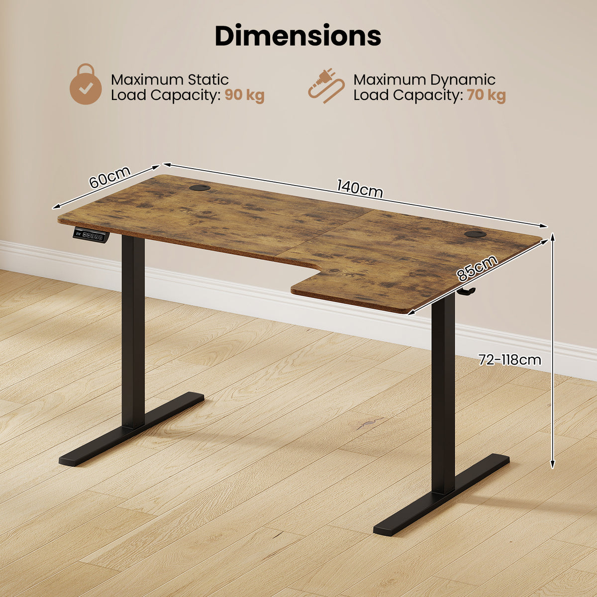 L-Shaped Electric Standing Desk, 140 x 85 CM/160 x 85 CM Height Adjustable Computer Table with Memory Controller and Side Hooks