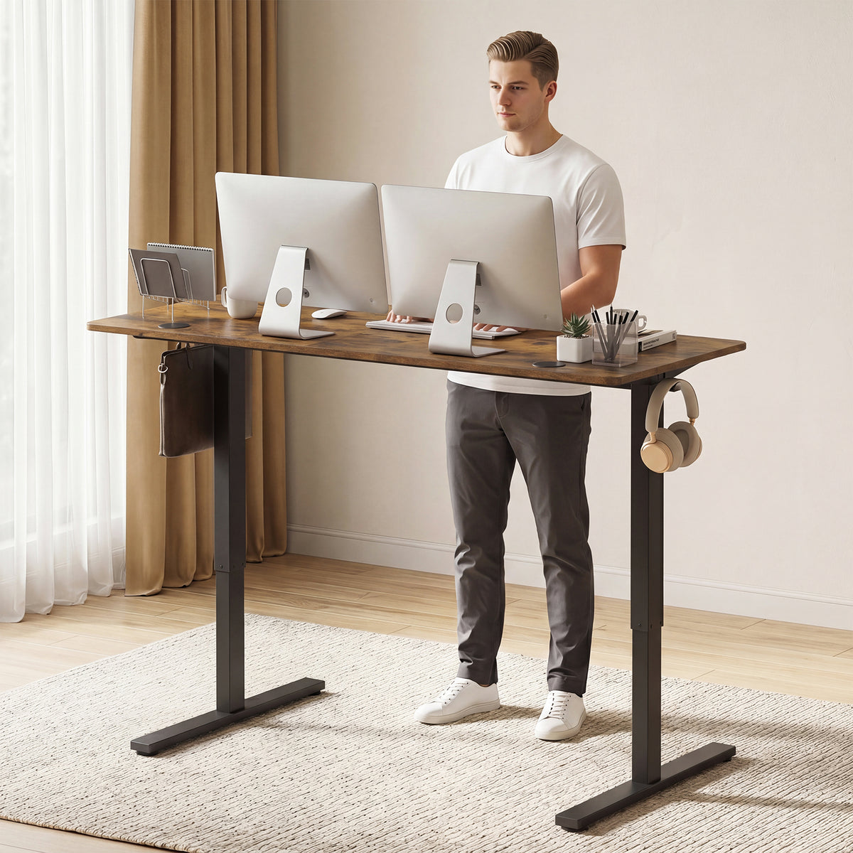 L-Shaped Electric Standing Desk, 140 x 85 CM/160 x 85 CM Height Adjustable Computer Table with Memory Controller and Side Hooks