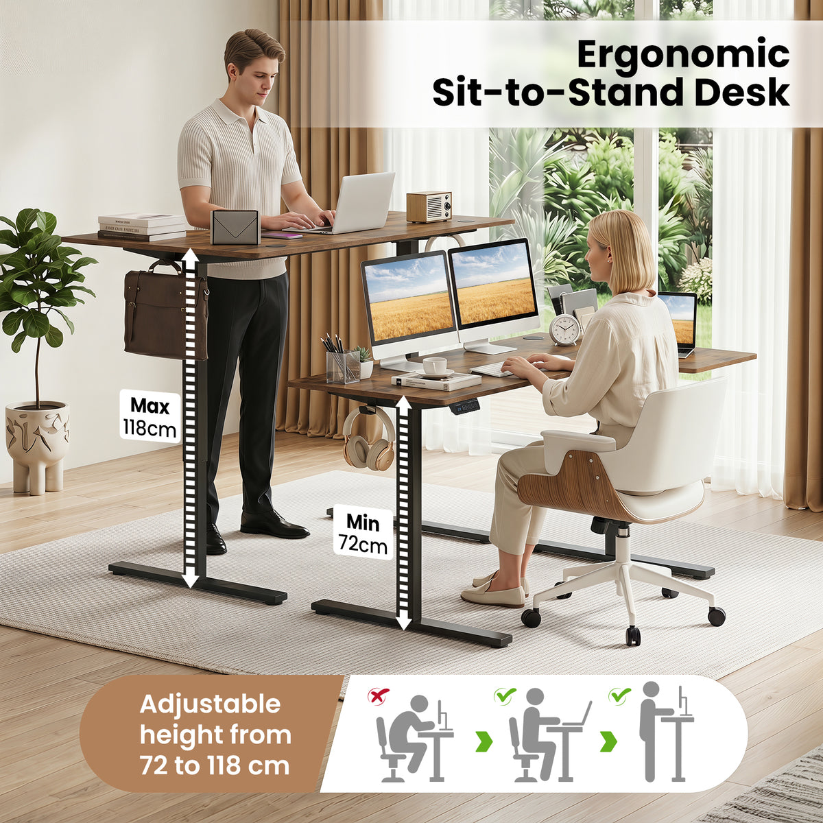 L-Shaped Electric Standing Desk, 140 x 85 CM/160 x 85 CM Height Adjustable Computer Table with Memory Controller and Side Hooks