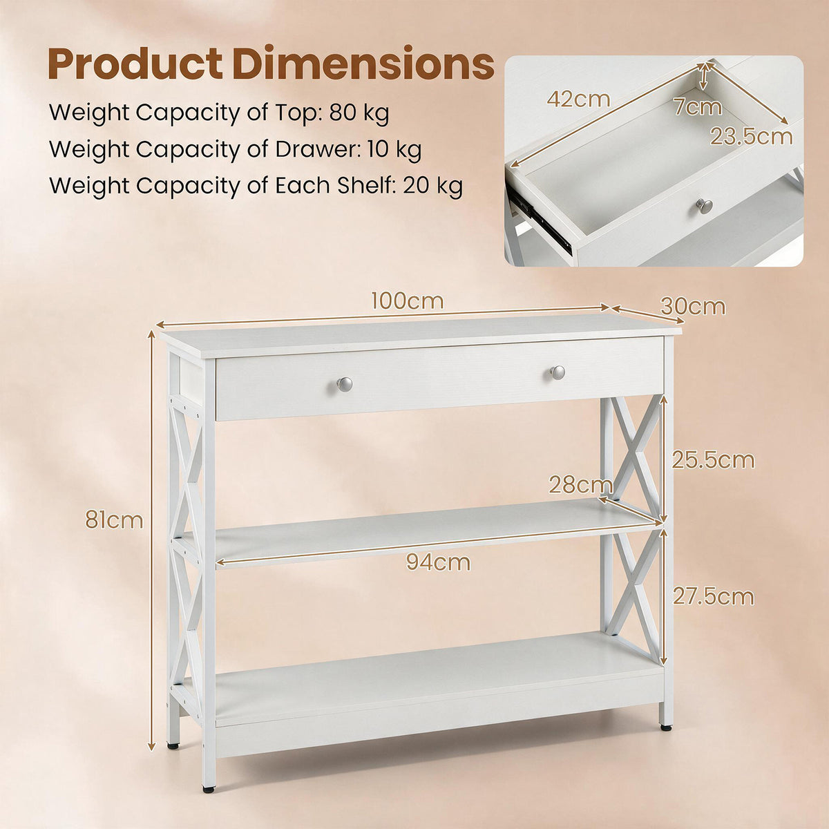 Giantex 3-Tier Console Table, Sofa Table with 1 Drawer and 2 Storage Shelves
