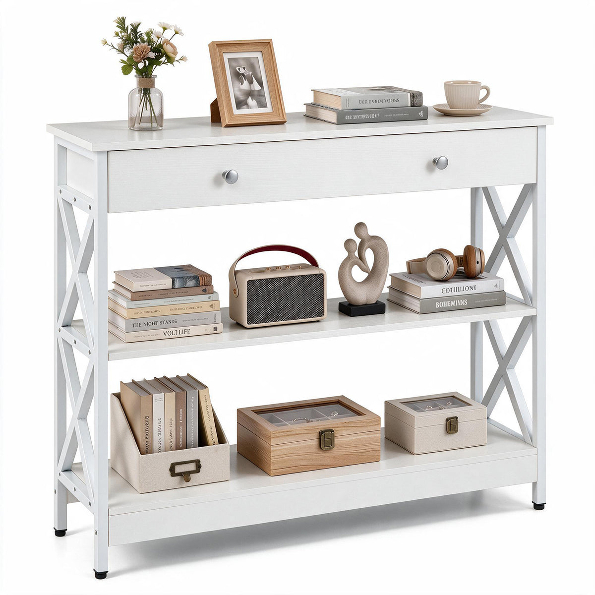 Giantex 3-Tier Console Table, Sofa Table with 1 Drawer and 2 Storage Shelves