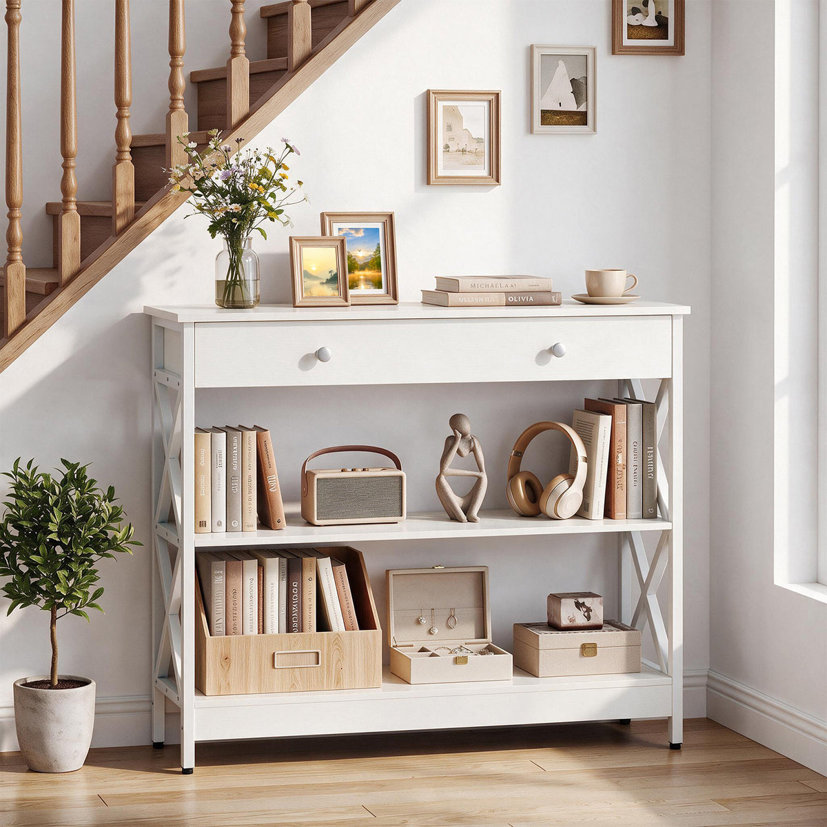 Giantex 3-Tier Console Table, Sofa Table with 1 Drawer and 2 Storage Shelves