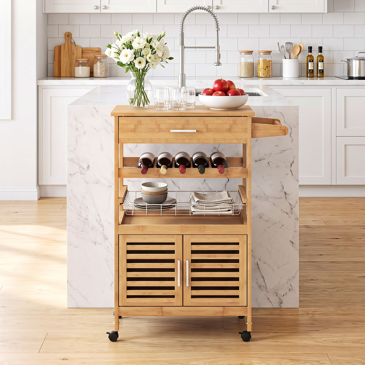 Giantex Bamboo Rolling Kitchen Island Trolley with Storage Cabinet