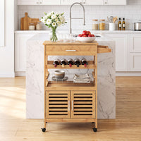 Giantex Bamboo Rolling Kitchen Island Trolley with Storage Cabinet