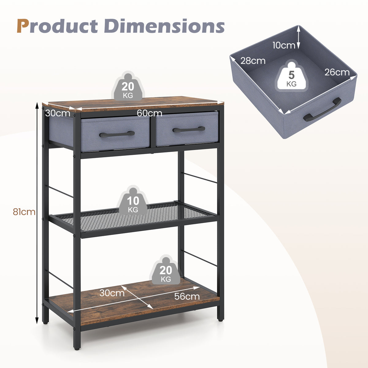 32”/81 cm Narrow Console Table with 2 Fabric Drawers, 3-Tier Entryway Table Storage Rack with Open Shelves