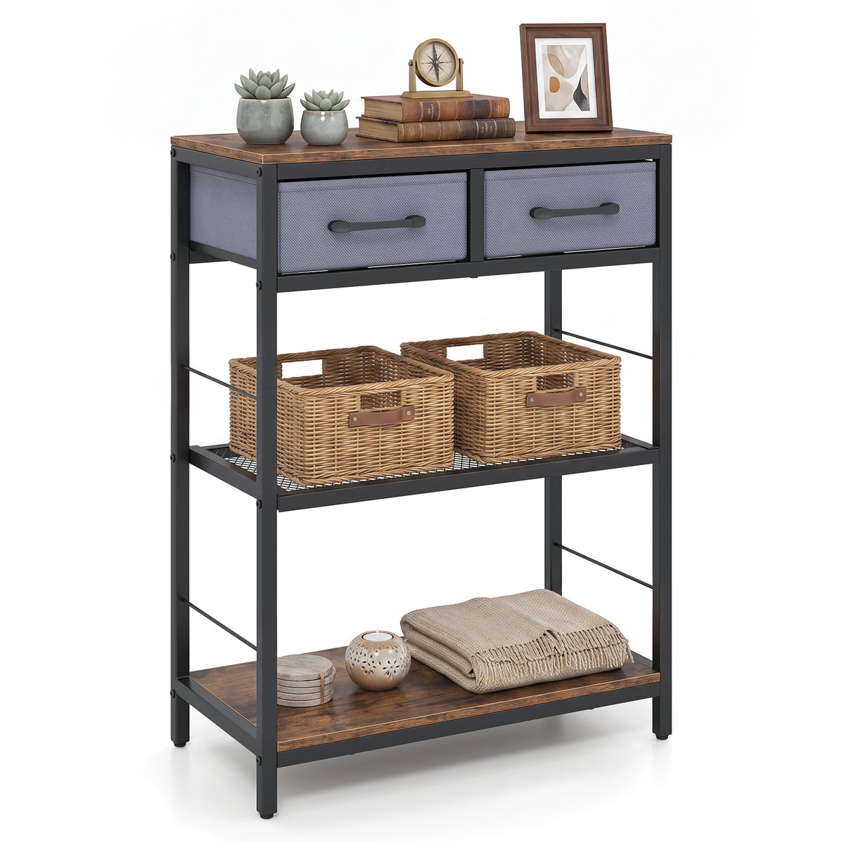 32”/81 cm Narrow Console Table with 2 Fabric Drawers, 3-Tier Entryway Table Storage Rack with Open Shelves