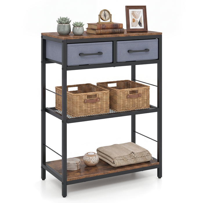 32”/81 cm Narrow Console Table with 2 Fabric Drawers, 3-Tier Entryway Table Storage Rack with Open Shelves