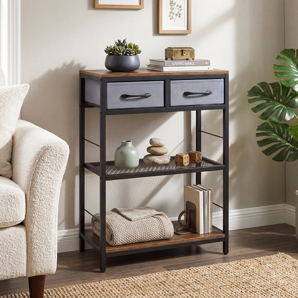 32”/81 cm Narrow Console Table with 2 Fabric Drawers, 3-Tier Entryway Table Storage Rack with Open Shelves