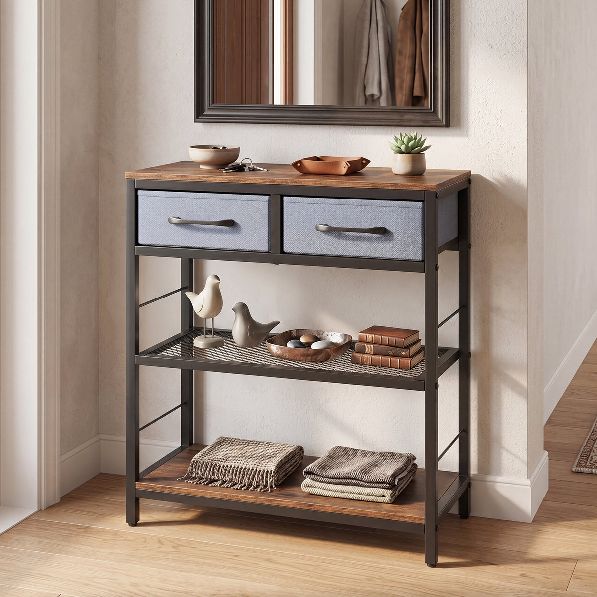 32”/81 cm Narrow Console Table with 2 Fabric Drawers, 3-Tier Entryway Table Storage Rack with Open Shelves