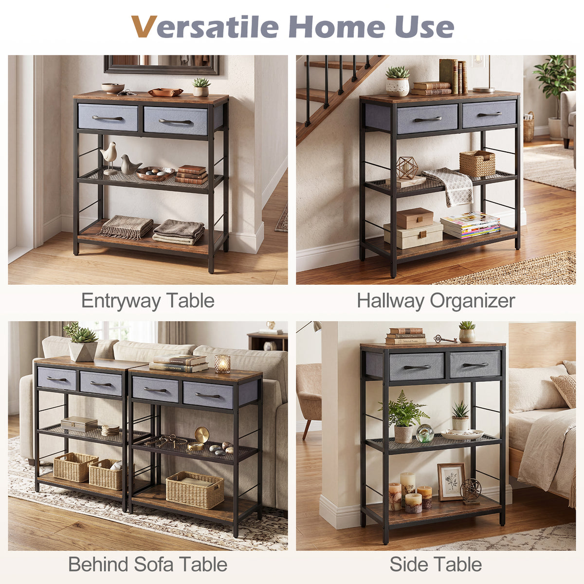 32”/81 cm Narrow Console Table with 2 Fabric Drawers, 3-Tier Entryway Table Storage Rack with Open Shelves