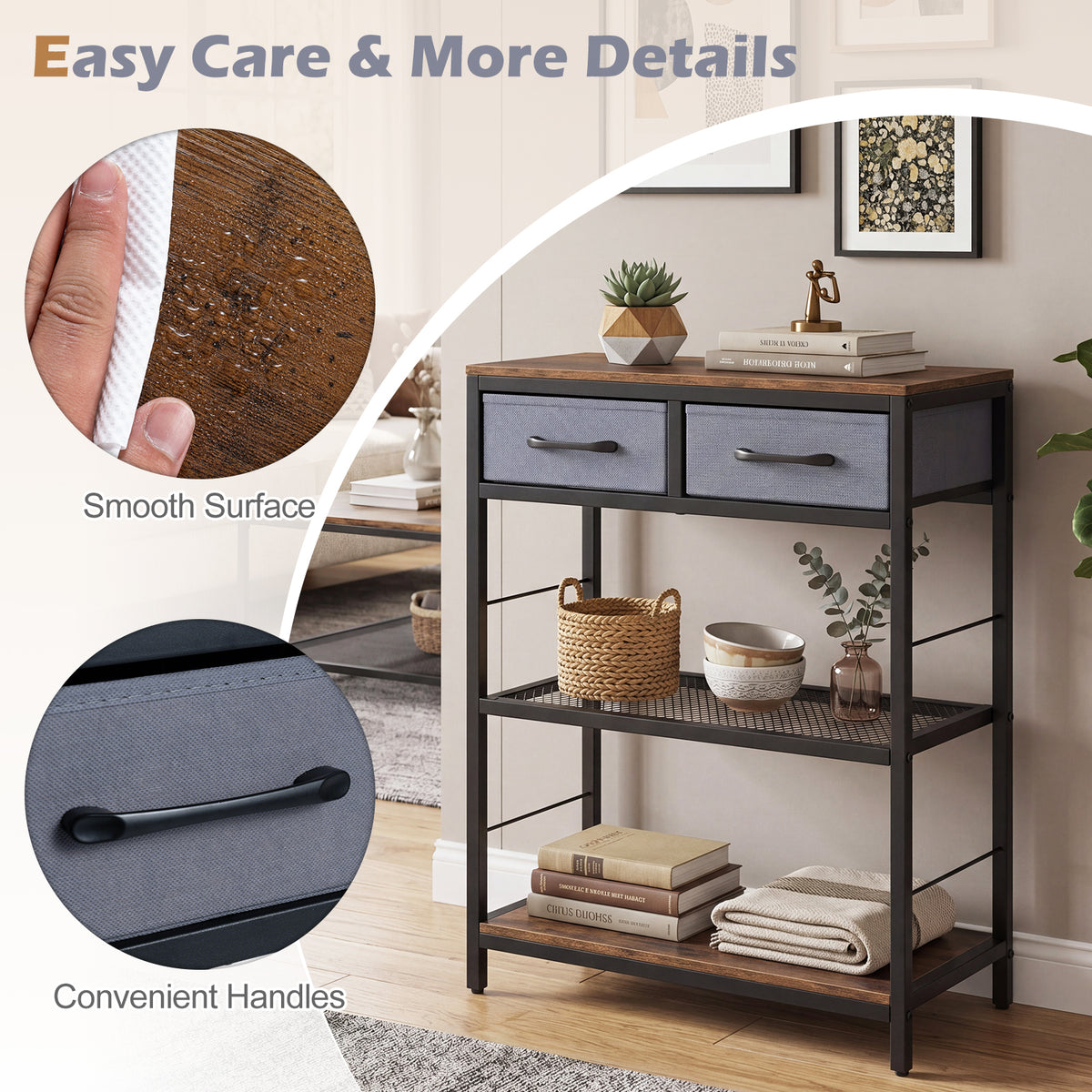 32”/81 cm Narrow Console Table with 2 Fabric Drawers, 3-Tier Entryway Table Storage Rack with Open Shelves